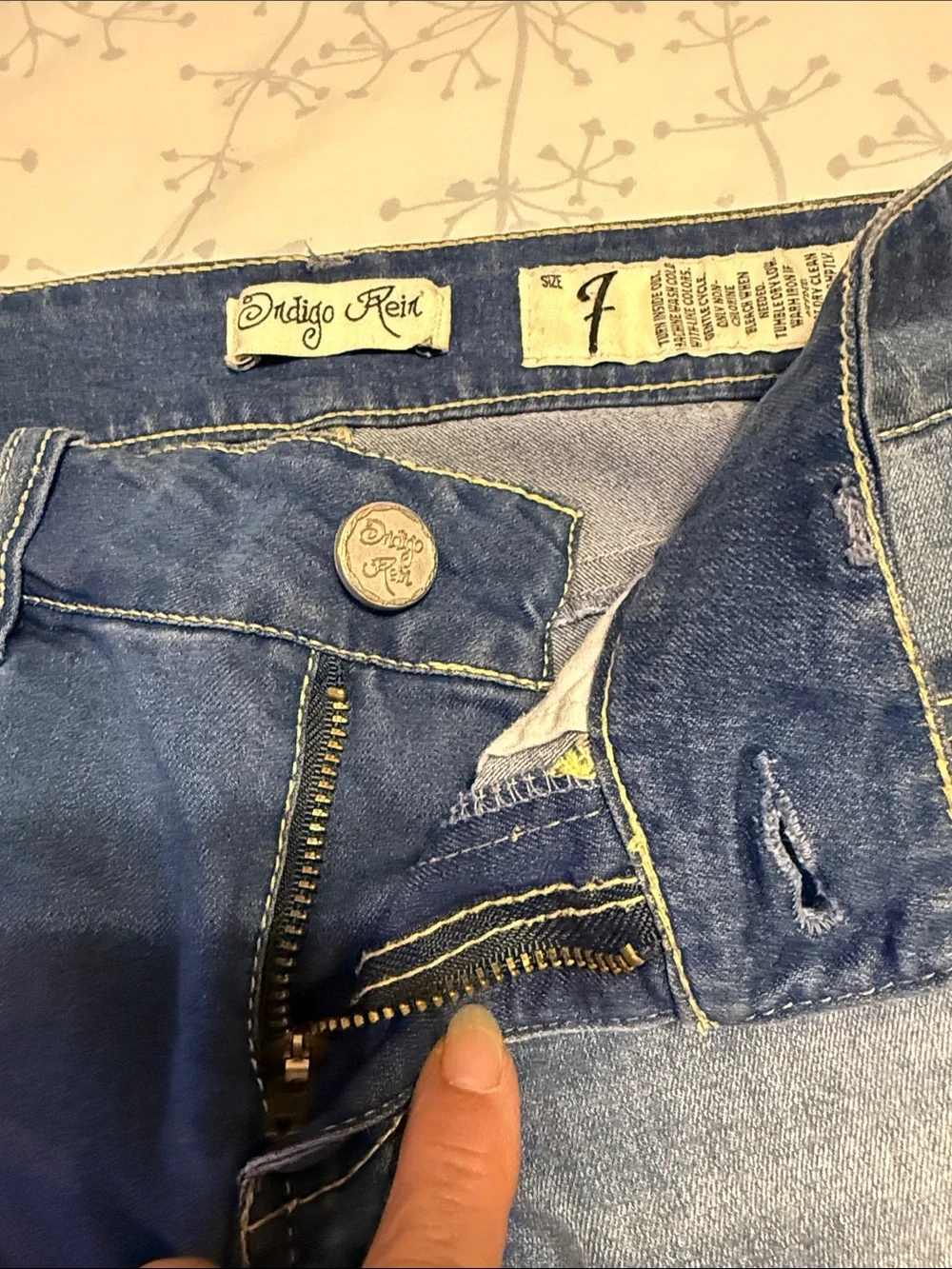 Indigo Rein Blue Denim Shorts with Patterned Hem